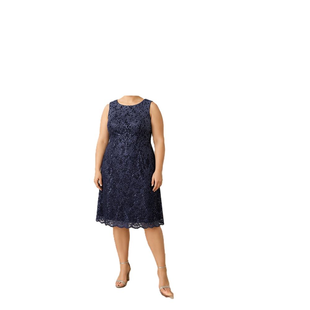 Oleg Cassini Dress Womens Size 18 Blue Floral Lace Sequin Sleeveless A-Line